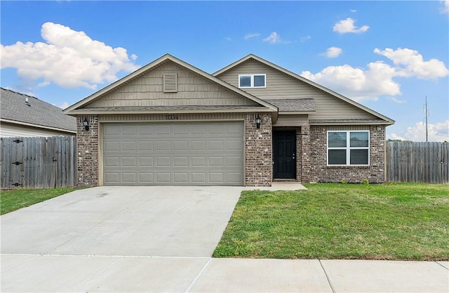 view of front of house featuring fence, a front lawn, concrete driveway, brick siding, and a garage
