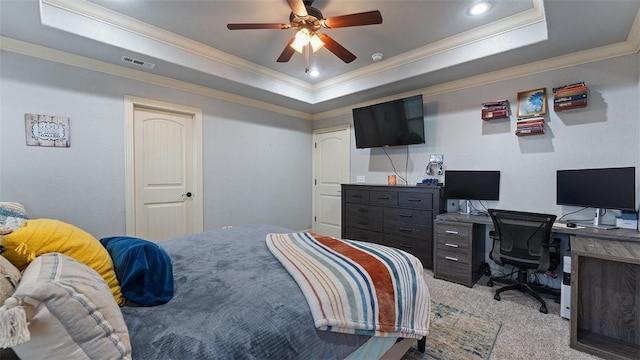 505 Blair Cir, Pea Ridge, AR 72751 - bedroom with crown molding, light colored carpet, a raised ceiling, a ceiling fan, and visible vents