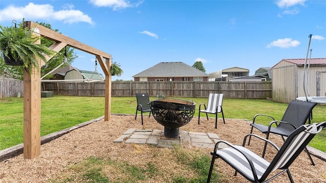 505 Blair Cir, Pea Ridge, AR 72751 - view of yard featuring a fenced backyard, an outdoor structure, an outdoor fire pit, and a shed