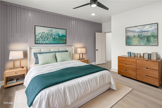 220 N C St, Rogers, AR 72756 - bedroom with wood finished floors, baseboards, recessed lighting, and a ceiling fan