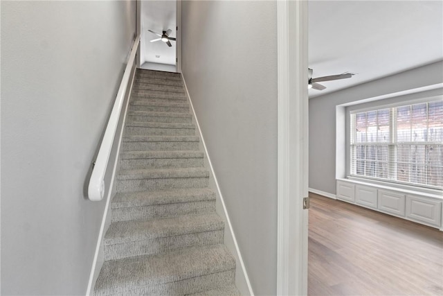 stairs with a ceiling fan, baseboards, and wood finished floors