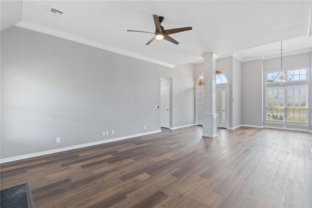 unfurnished living room featuring ornate columns, ceiling fan, baseboards, dark wood finished floors, and crown molding