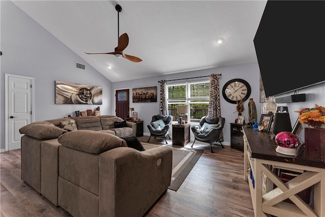 3531 Wagner Rd, Fayetteville, AR 72704 - living room featuring ceiling fan, wood finished floors, baseboards, high vaulted ceiling, and recessed lighting