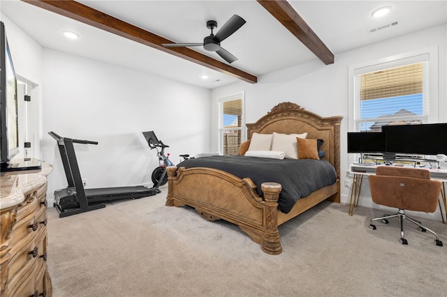 bedroom featuring carpet flooring, beamed ceiling, recessed lighting, and visible vents