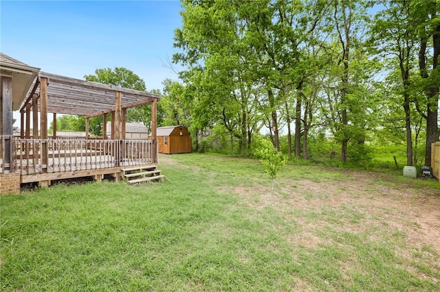 809 Sedgwick Dr, Prairie Grove, AR 72753 - view of yard featuring a storage unit, an outdoor structure, a wooden deck, and a pergola