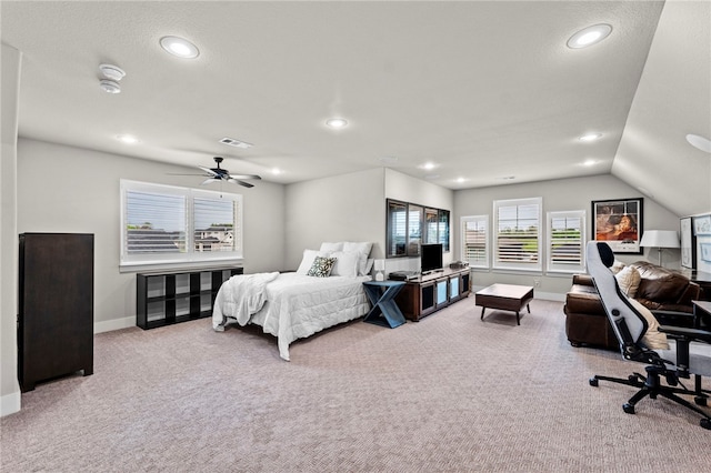 carpeted bedroom with recessed lighting, visible vents, vaulted ceiling, and baseboards