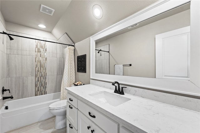 full bathroom with toilet, shower / bath combination with curtain, visible vents, and vanity