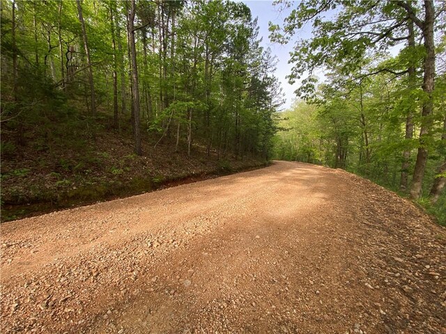 view of street featuring a forest view