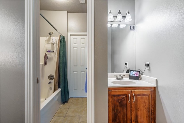 full bath with vanity, shower / bath combination with curtain, and tile patterned flooring