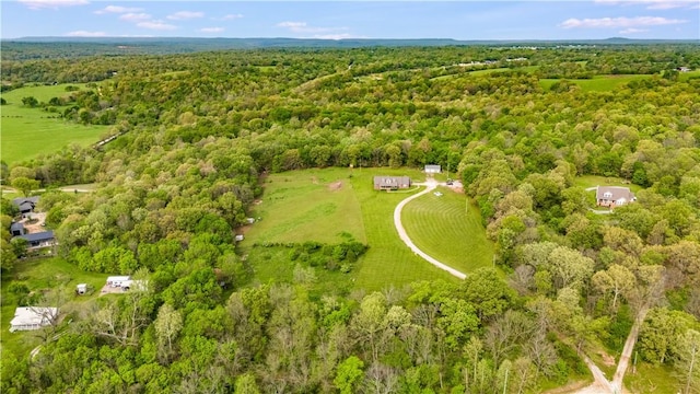 bird's eye view featuring a wooded view