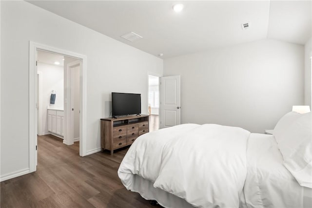 1300 Bates St, Gentry, AR 72734 - bedroom with dark wood-style floors, recessed lighting, lofted ceiling, and baseboards