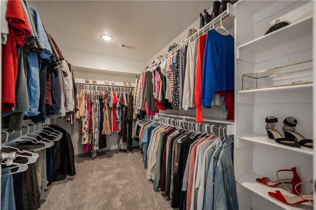 spacious closet featuring visible vents and carpet flooring