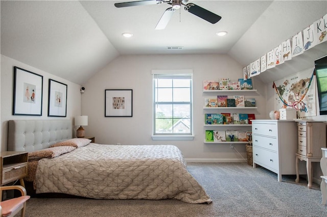 bedroom with lofted ceiling, carpet, visible vents, and a ceiling fan
