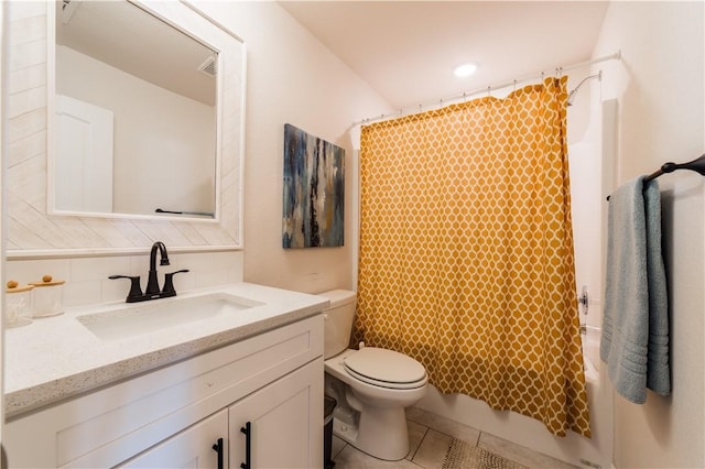 full bathroom featuring toilet, shower / bath combination with curtain, tile patterned floors, vanity, and backsplash