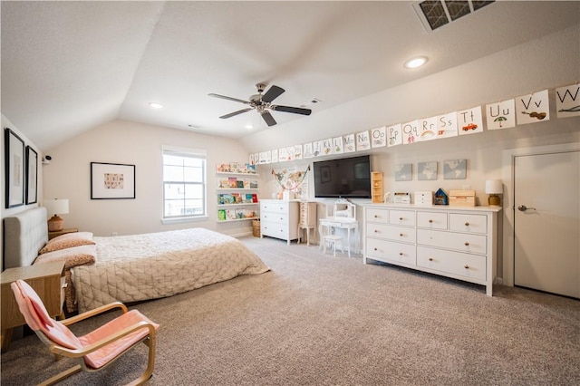 carpeted bedroom featuring lofted ceiling, visible vents, ceiling fan, and recessed lighting