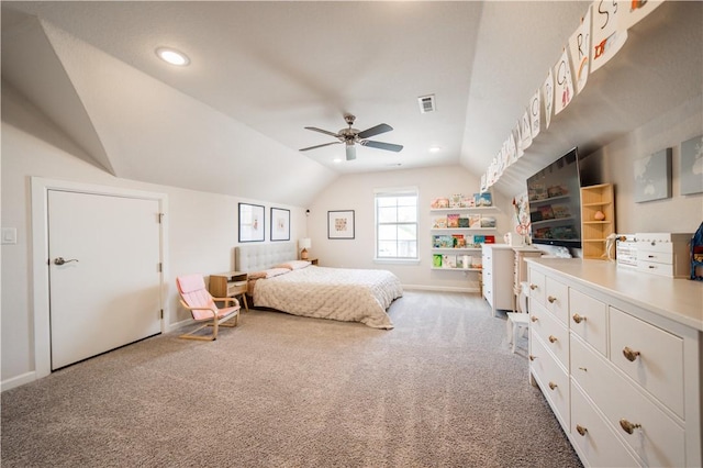 bedroom with recessed lighting, carpet flooring, visible vents, vaulted ceiling, and baseboards
