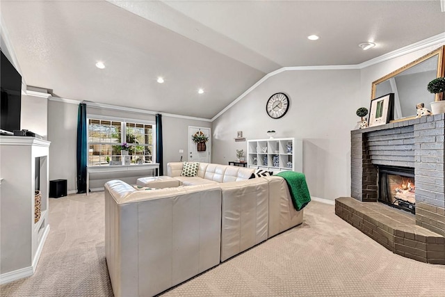 living room with a brick fireplace, lofted ceiling, ornamental molding, and light carpet