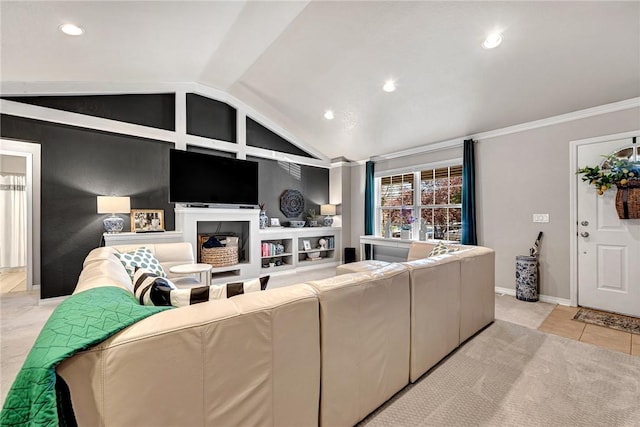 living area featuring light tile patterned floors, recessed lighting, light carpet, and lofted ceiling