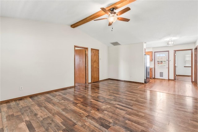 1622 2nd St, Westville, OK 74965 - interior space with visible vents, lofted ceiling with beams, baseboards, wood finished floors, and a ceiling fan