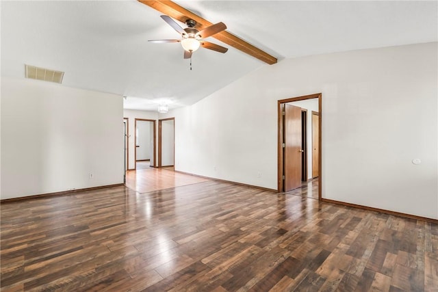 1622 2nd St, Westville, OK 74965 - spare room featuring wood finished floors, lofted ceiling with beams, ceiling fan, baseboards, and visible vents