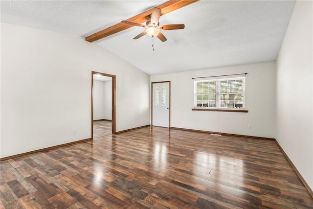 1622 2nd St, Westville, OK 74965 - unfurnished room featuring lofted ceiling with beams, a ceiling fan, wood finished floors, and baseboards
