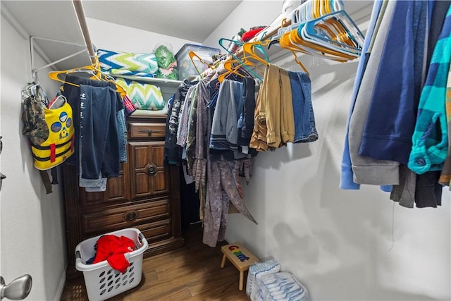 walk in closet with wood finished floors