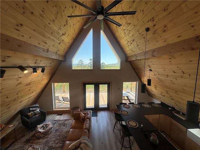 794 NC-3986, Jasper, AR 72641 - living room featuring high vaulted ceiling, wood finished floors, a ceiling fan, and wood ceiling