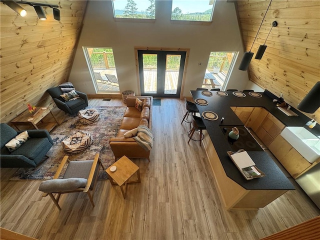 794 NC-3986, Jasper, AR 72641 - living area featuring wood walls, a towering ceiling, and wood finished floors