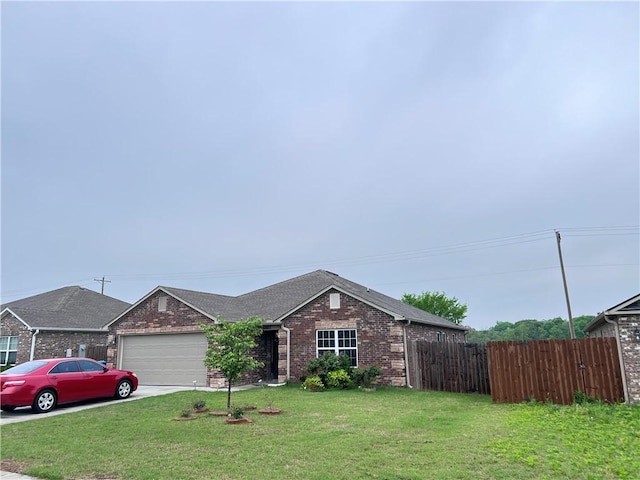 single story home featuring a garage, brick siding, fence, and a front lawn