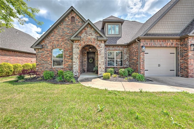 view of front of property with brick siding, concrete driveway, roof with shingles, a front yard, and an attached garage