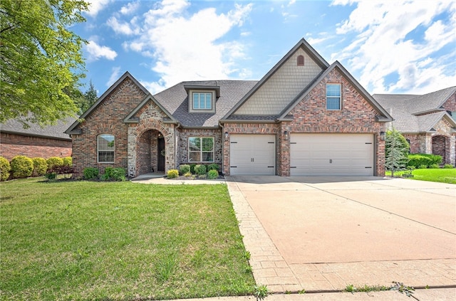 craftsman-style home featuring brick siding, driveway, a front lawn, an attached garage, and a shingled roof