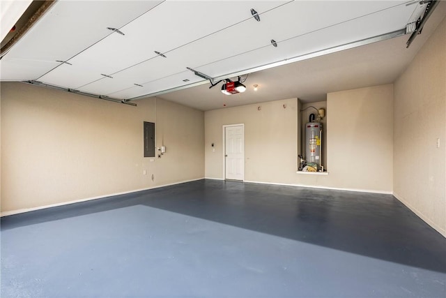 garage with a garage door opener, electric panel, and electric water heater