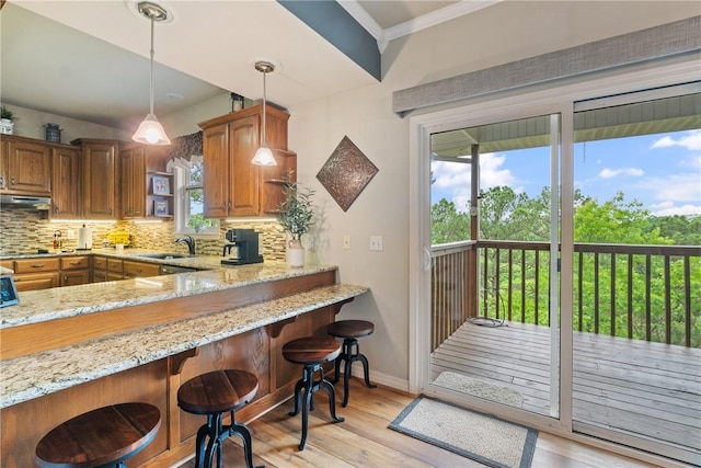 15 Serenity Ln, Holiday Island, AR 72631 - kitchen with light stone countertops, decorative backsplash, light wood finished floors, plenty of natural light, and ornamental molding