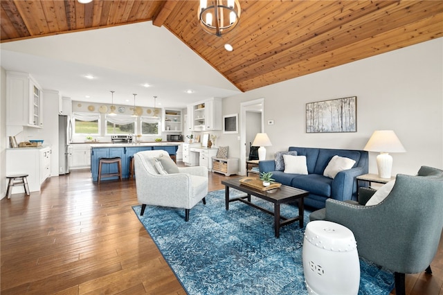 living room featuring recessed lighting, wood ceiling, dark wood-style floors, high vaulted ceiling, and beam ceiling