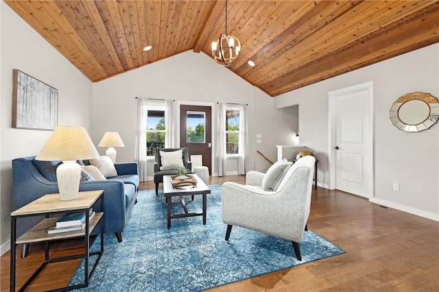 living area featuring wood finished floors, an inviting chandelier, vaulted ceiling with beams, wood ceiling, and baseboards