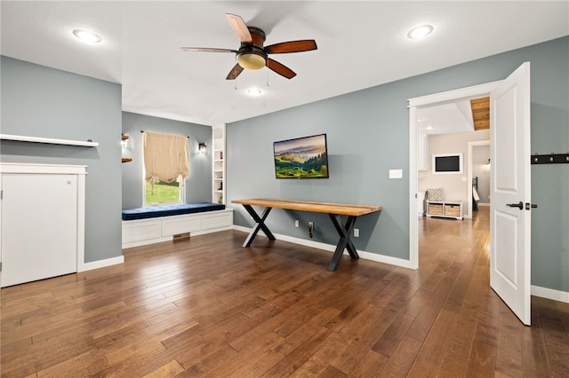 interior space featuring baseboards, recessed lighting, ceiling fan, and wood-type flooring