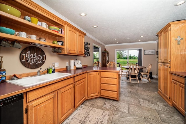 kitchen featuring a sink, dishwasher, ornamental molding, recessed lighting, and a peninsula
