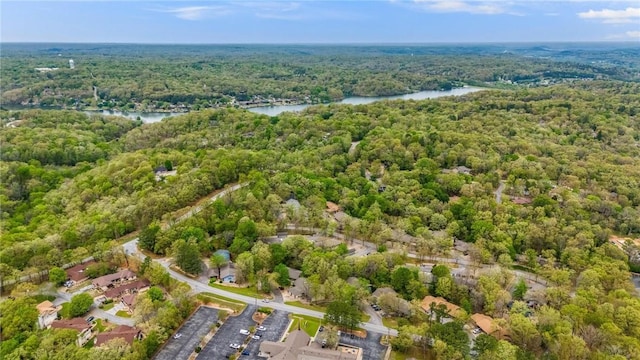 birds eye view of property with a water view and a forest view