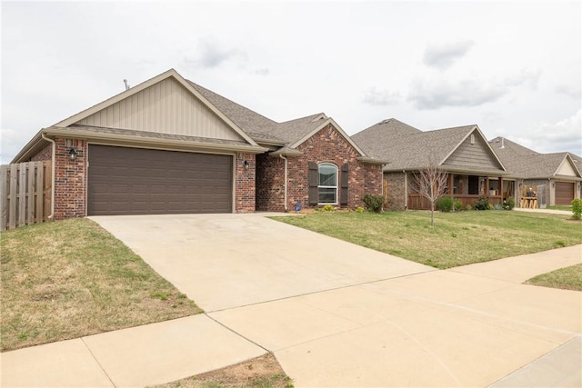 single story home featuring a garage, brick siding, a front lawn, and concrete driveway