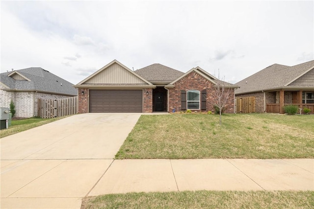ranch-style house with brick siding, fence, a garage, a front yard, and concrete driveway