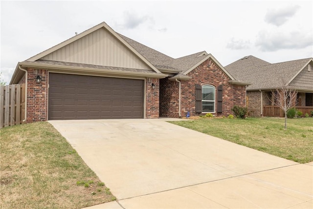 ranch-style house featuring concrete driveway, a front yard, an attached garage, fence, and brick siding
