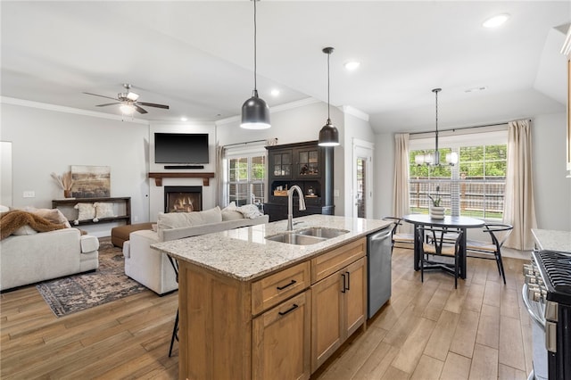 kitchen featuring a ceiling fan, a fireplace, light wood-type flooring, a sink, and stainless steel appliances