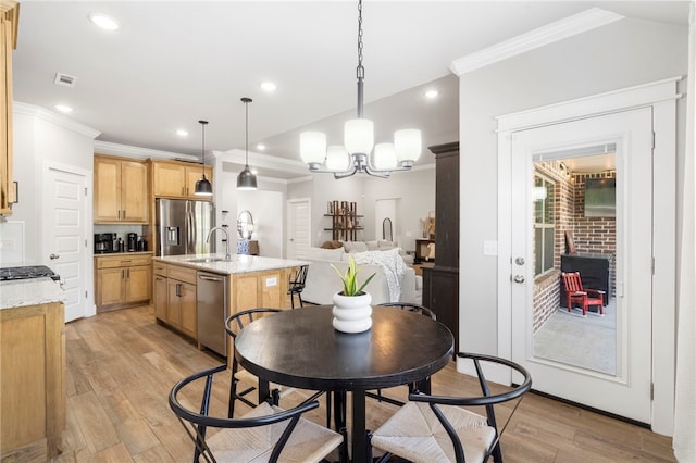 dining space featuring recessed lighting, visible vents, ornamental molding, and light wood finished floors