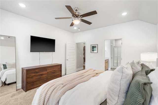 bedroom with ensuite bathroom, recessed lighting, ceiling fan, and light colored carpet