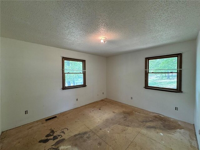 spare room featuring visible vents, a textured ceiling, and a wealth of natural light