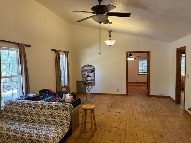 2525 Dustin Ln, Omaha, AR 72662 - living room featuring wood-type flooring, ceiling fan, baseboards, and lofted ceiling