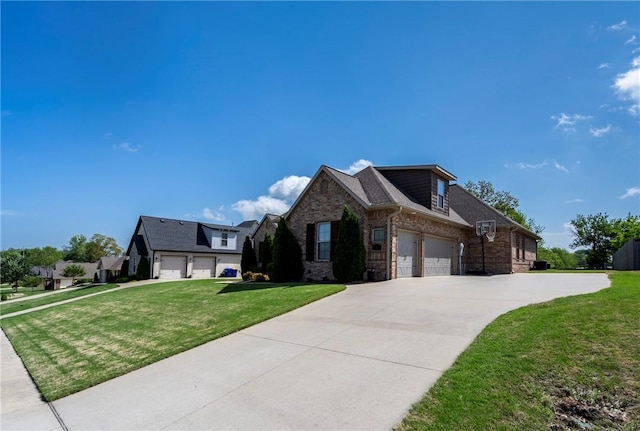 view of front facade featuring brick siding, a front lawn, driveway, and stone siding