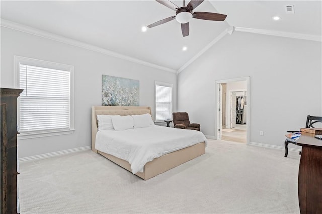 bedroom with crown molding, light colored carpet, recessed lighting, baseboards, and visible vents