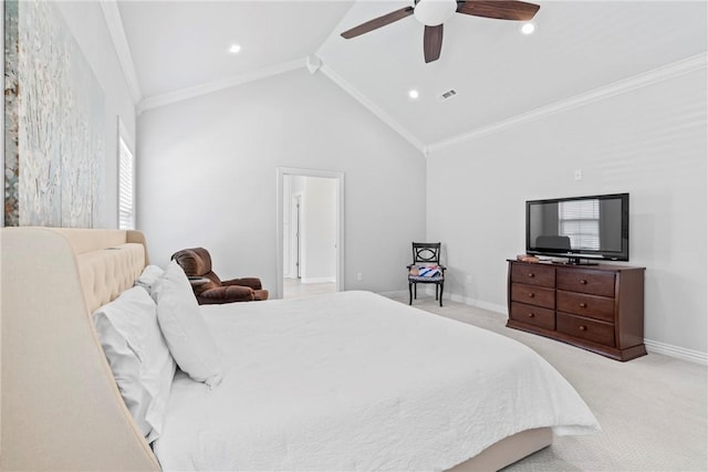 carpeted bedroom featuring visible vents, ornamental molding, lofted ceiling, baseboards, and a ceiling fan