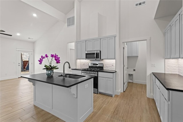 kitchen featuring a sink, high vaulted ceiling, stainless steel appliances, and visible vents